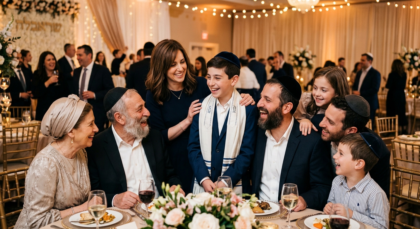 משפחה חוגגת בר מצווה באולם אירועים, חתן הבר מצווה עוטה טלית וכיפה ומוקף בבני משפחתו הצוחקים